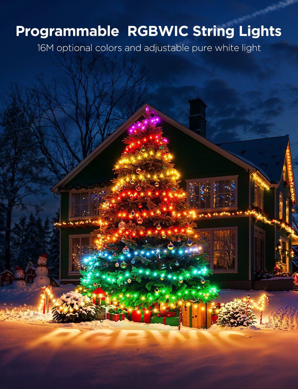 Outdoor house Christmas string lights with multicolor LED glow on the roofline