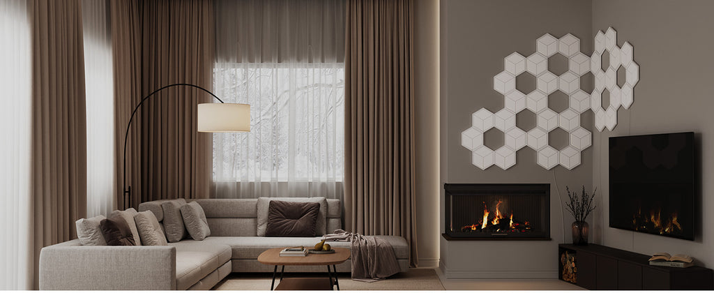 Cluster of white hexagon LED light panels on wall near fireplace with warm glow