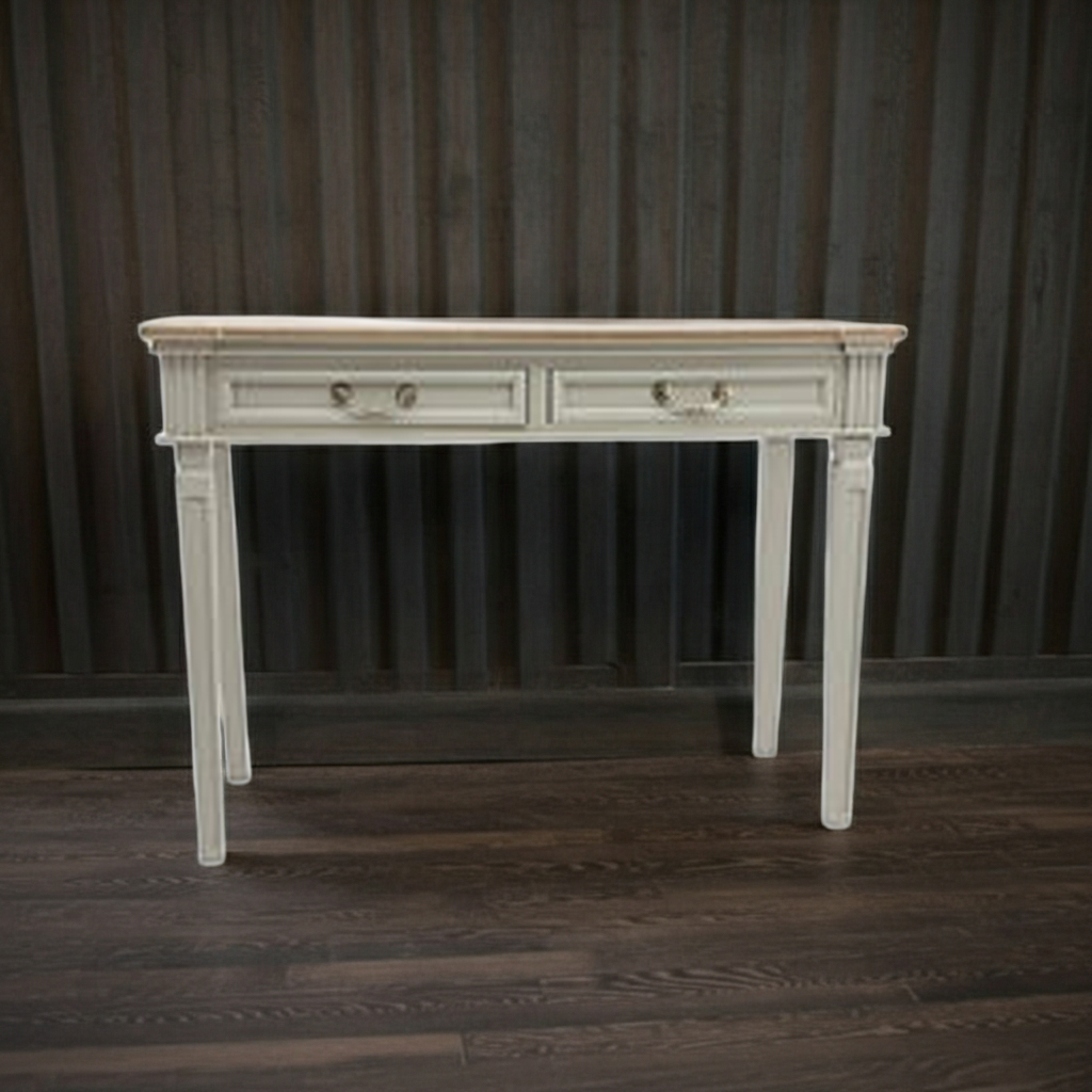 Cream 2-drawer console table with paneled sides, ornate drawer fronts, carved feet