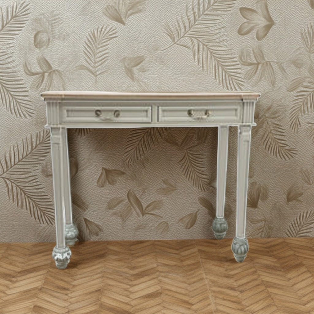 Cream console table with two drawers and carved cabriole-style legs