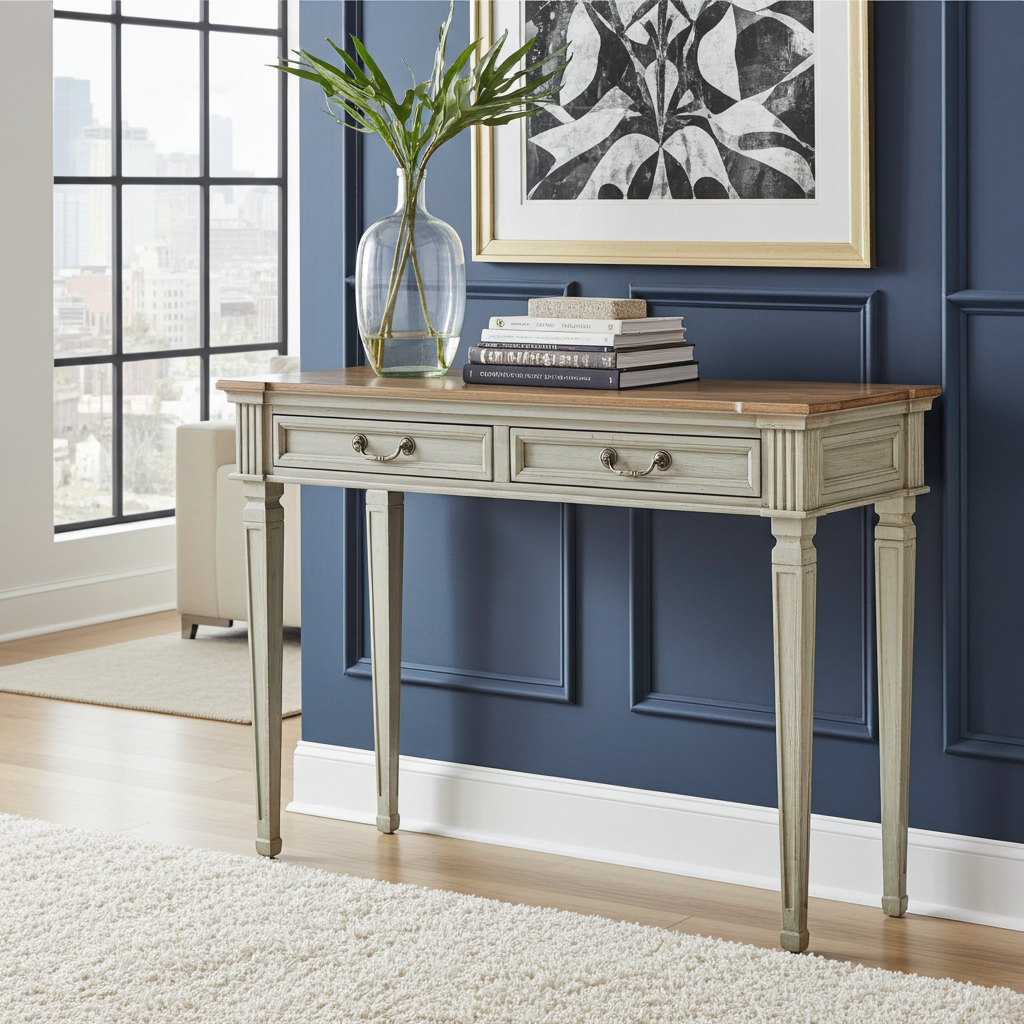 Cream wooden console table with two drawers, metal pulls, and raised apron details