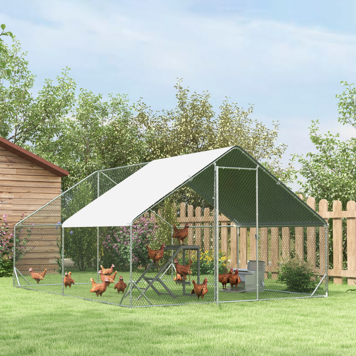 Outdoor chicken coop run with mesh fencing and peaked green roof