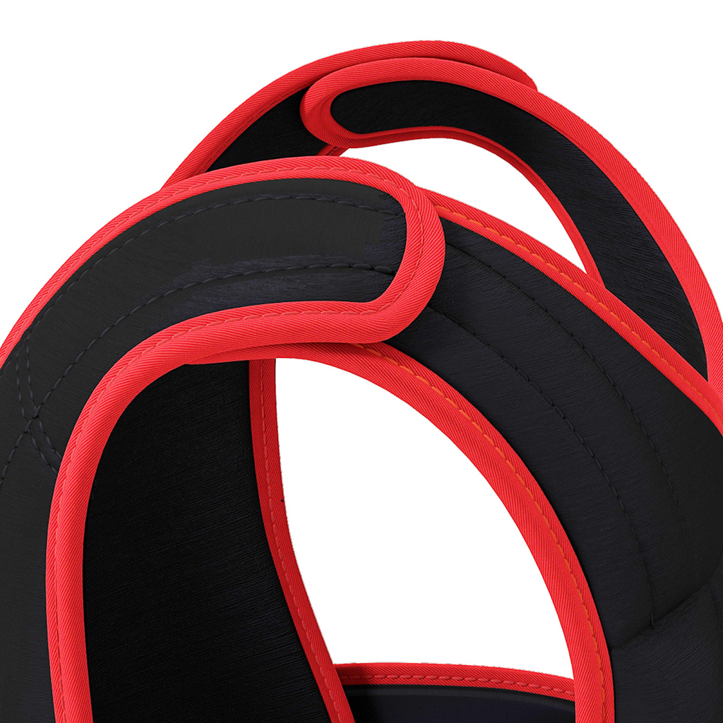 Black padded shoulder straps with red edging and stitching detail