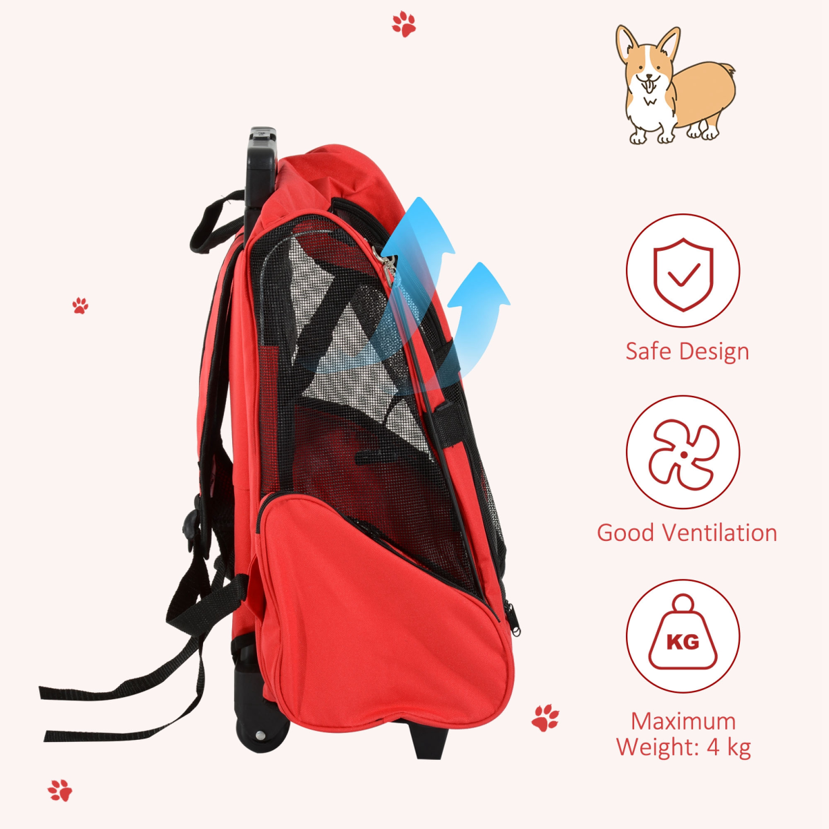 Red pet carrier backpack with side mesh panel, safety cover, and shoulder strap