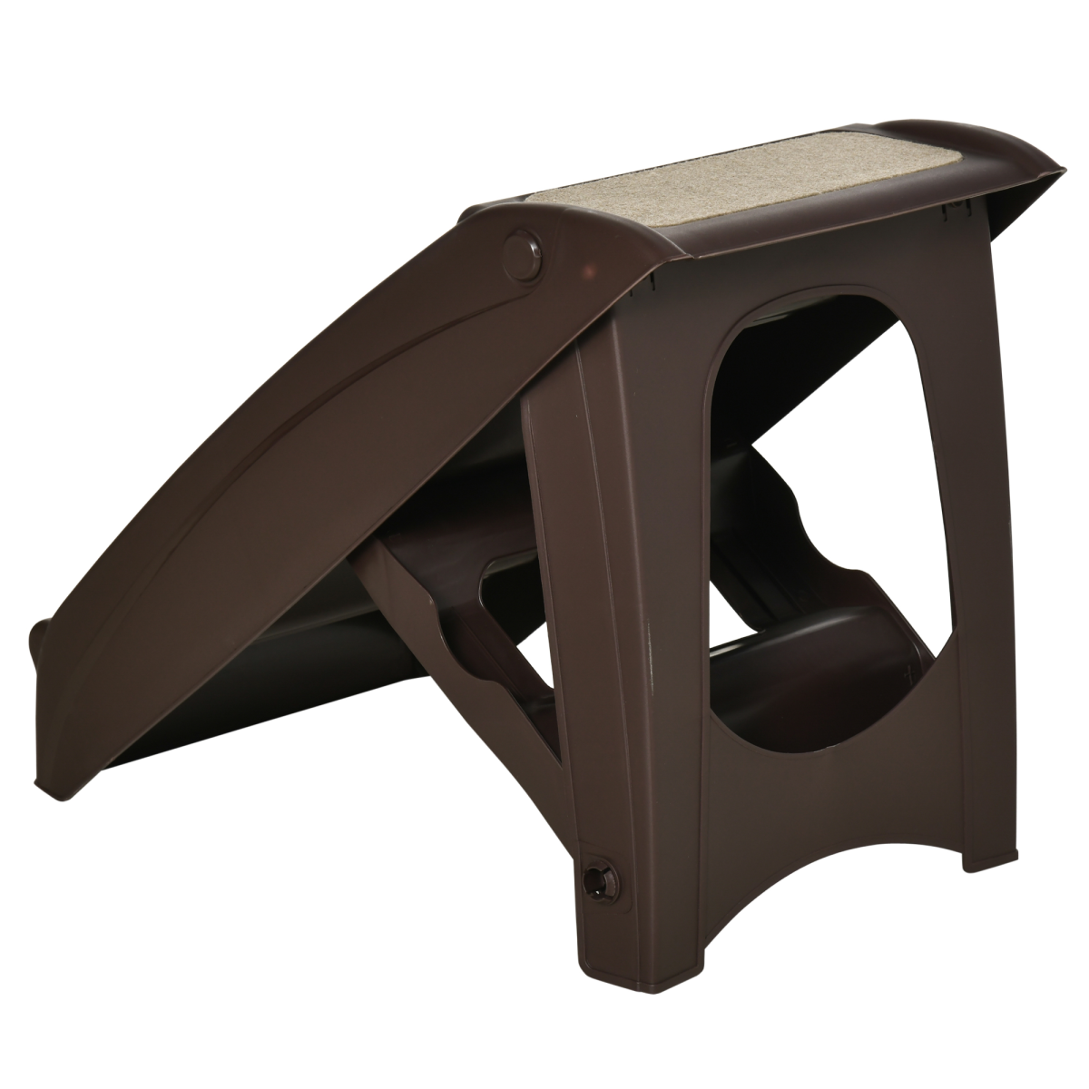 Foldable brown pet stairs with open side frame and textured non-slip steps