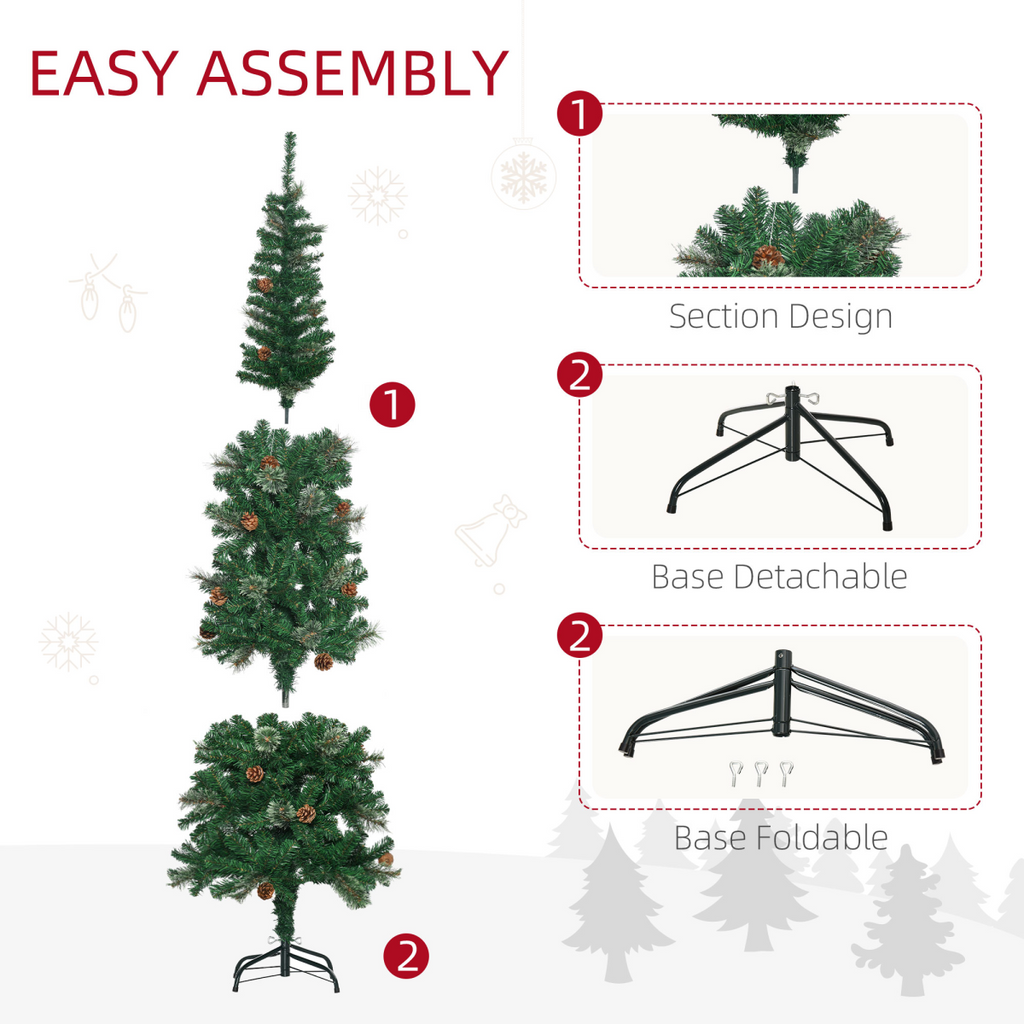 Slim green artificial Christmas tree with foldable metal base and sectioned design