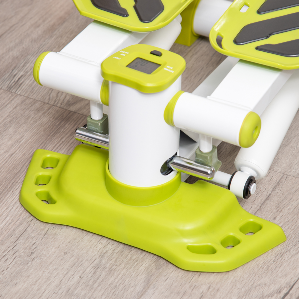 Yellow mini stepper base with silver pivot hardware and white pedal arms