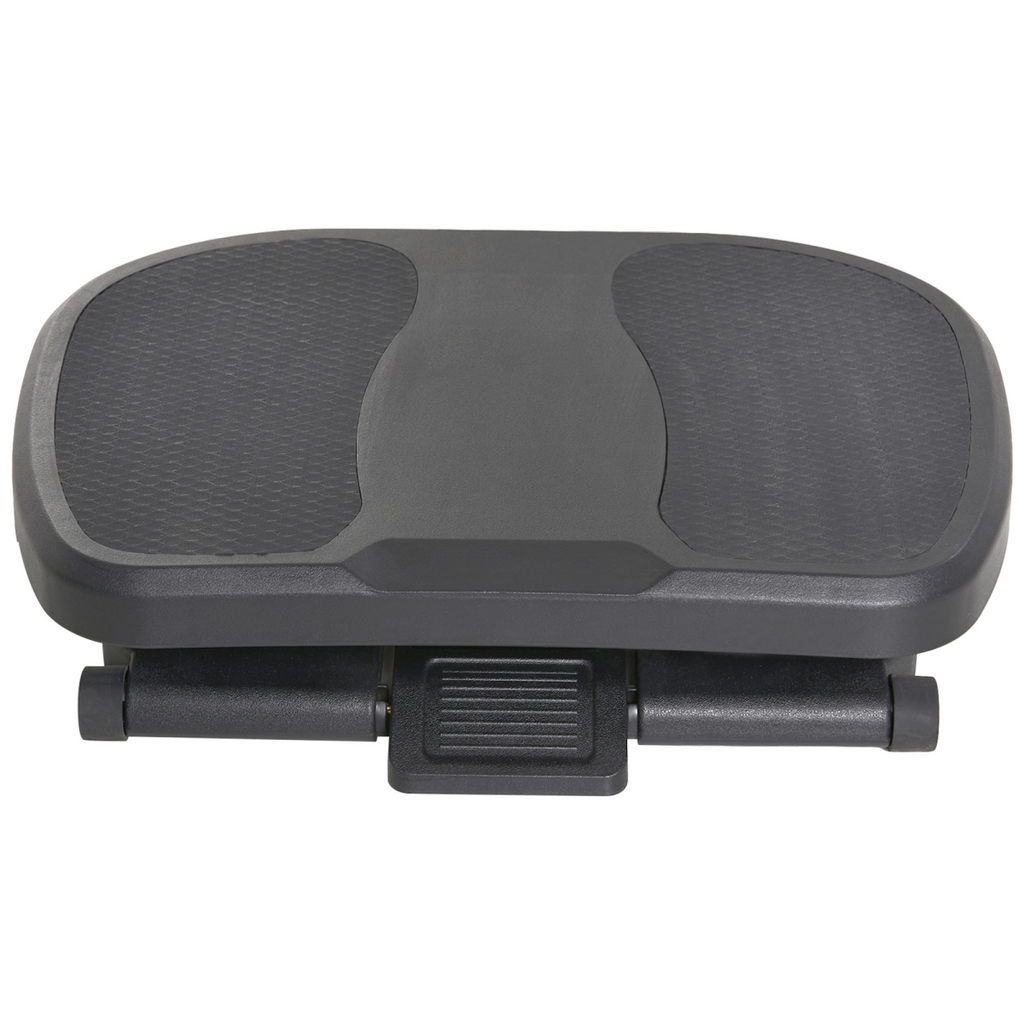 Under-desk footrest front view with textured center pedal and support bars