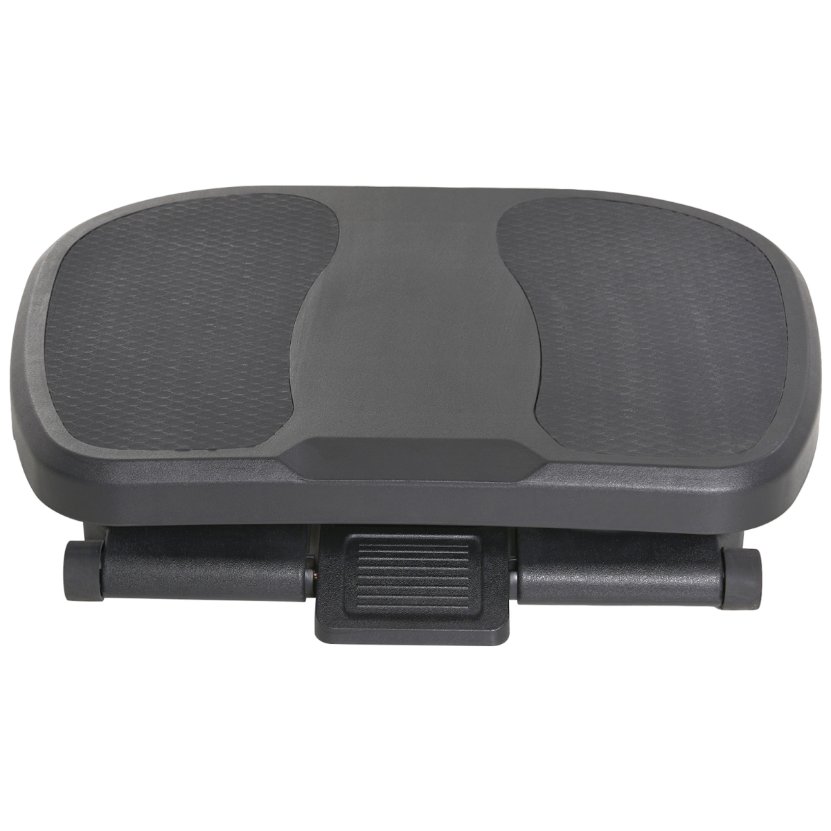 Under-desk footrest front view with textured center pedal and support bars
