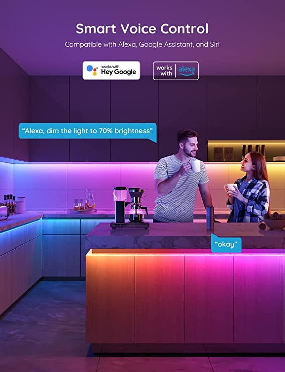 RGBIC LED strip light in purple glow with smartphone color controls
