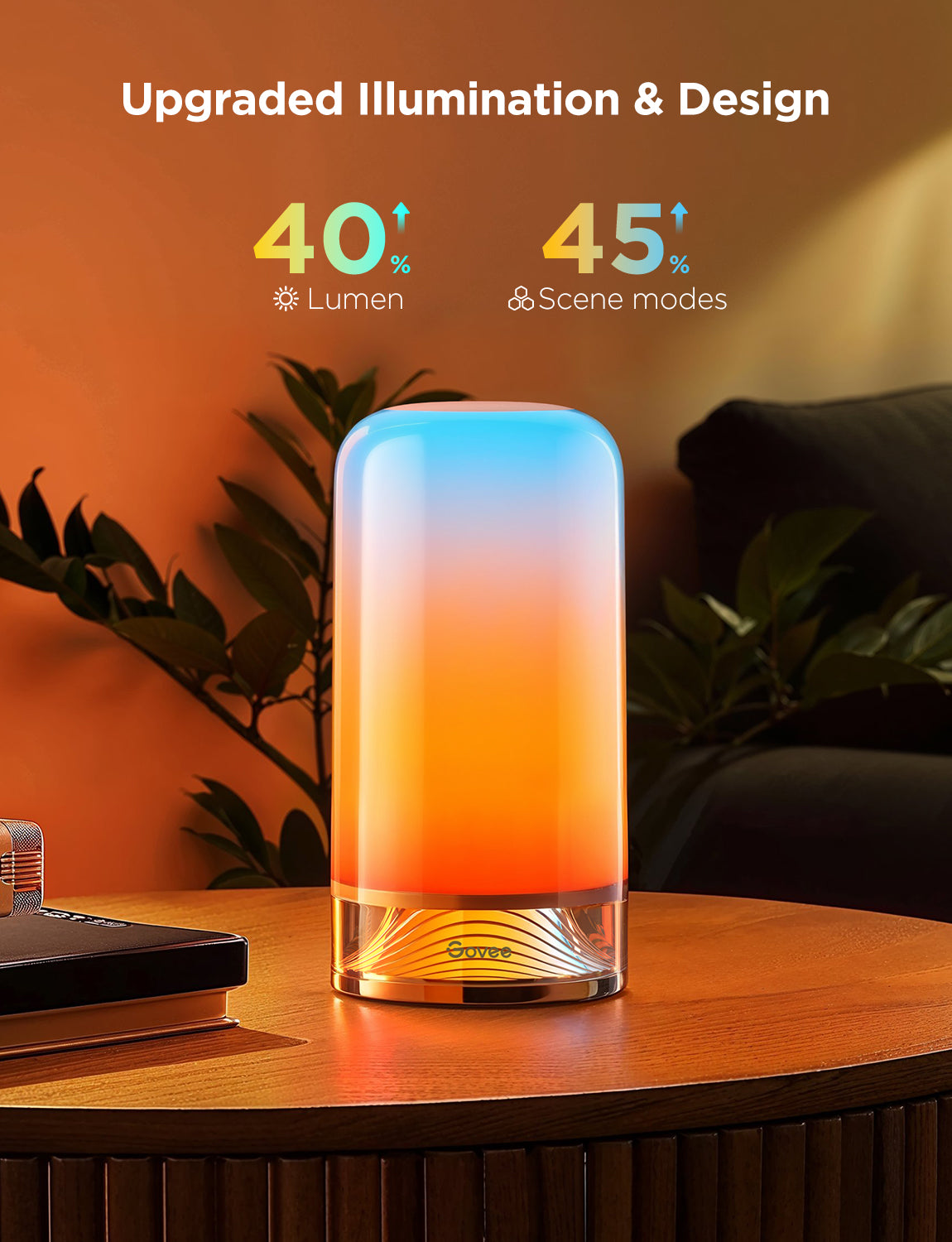 Smart table lamp glowing blue-to-orange gradient on a wooden surface