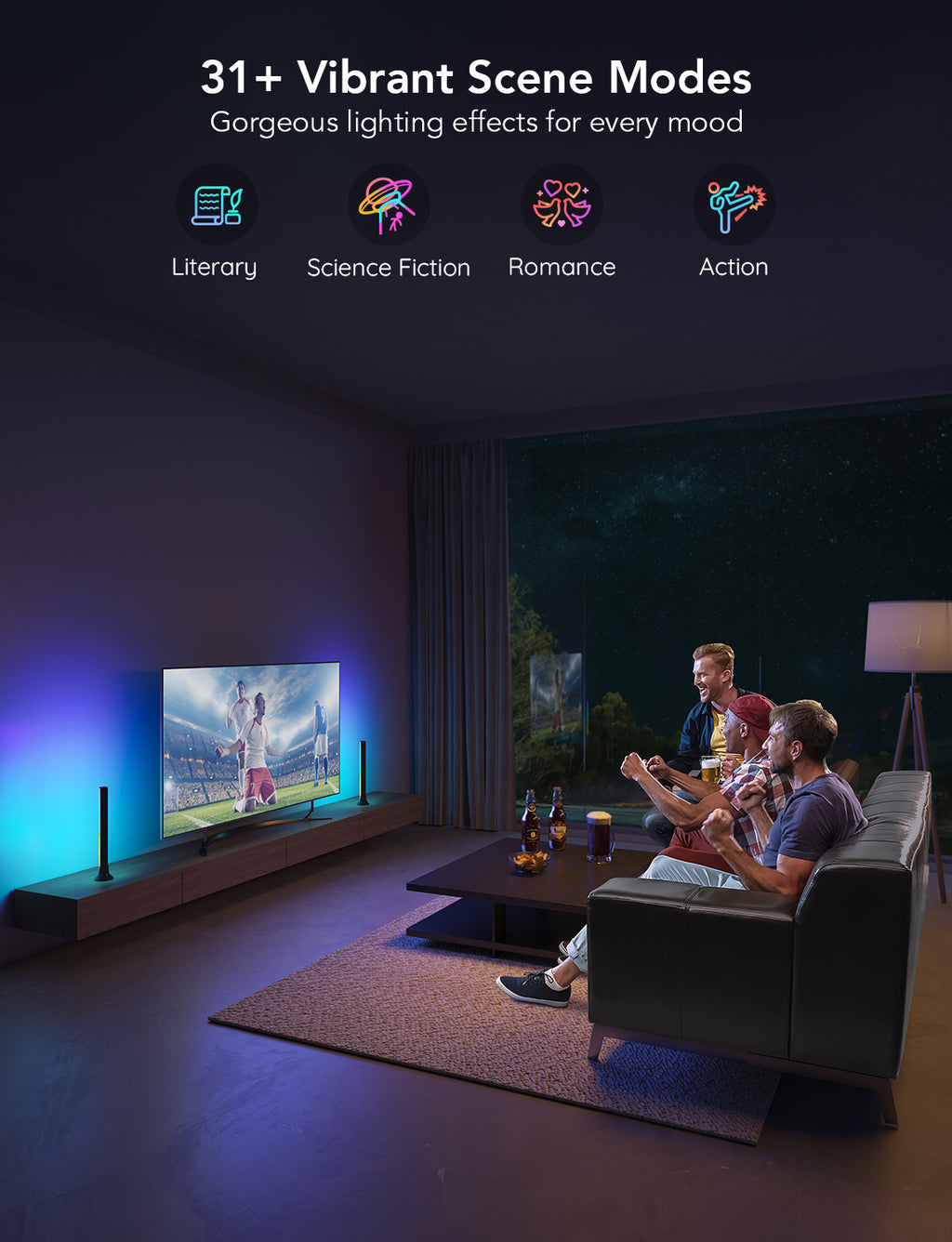 Pair of RGBIC TV light bars with vibrant scene lighting effects beside a TV.