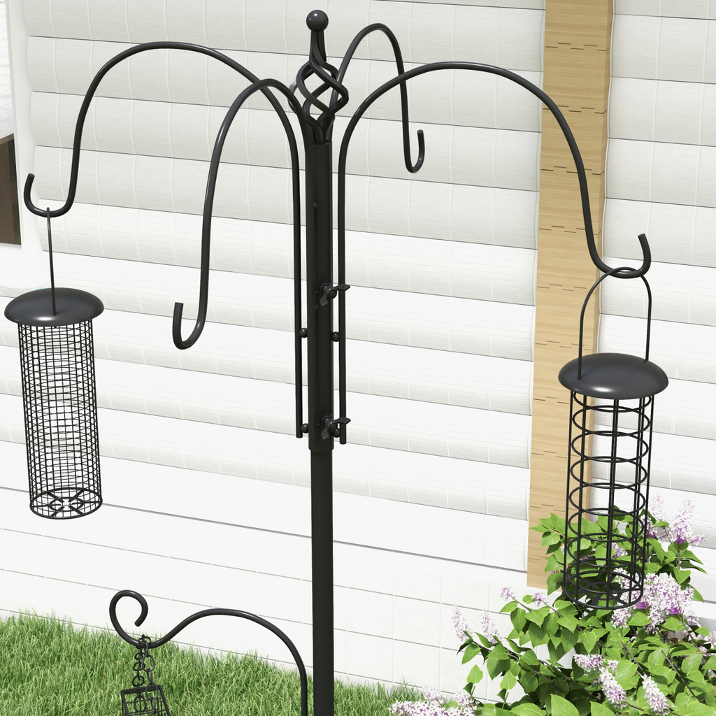 Black bird feeding station with wire tube feeders and curved hook arms
