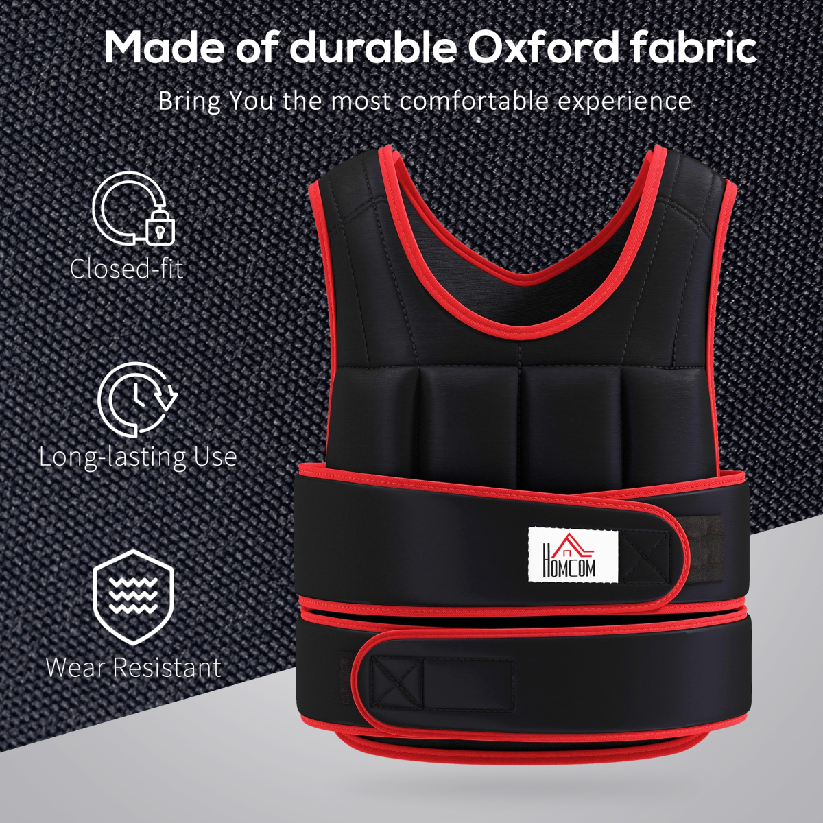 Black weighted vest with red piping and front buckle strap, molded padded panels