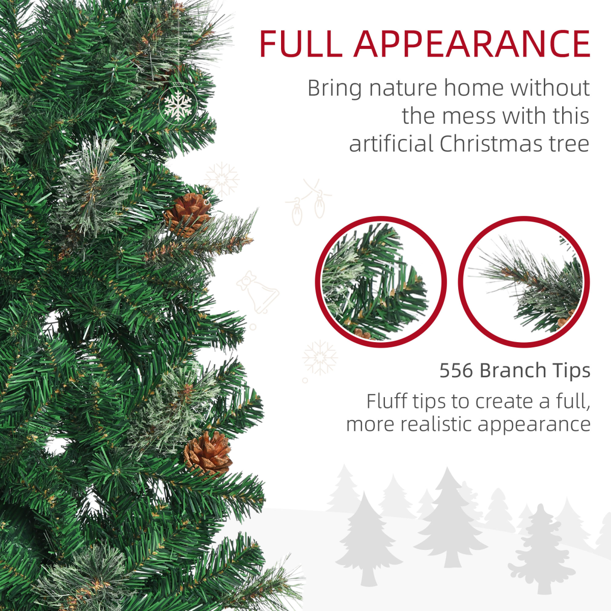 Green artificial Christmas tree with dense branch tips and pine-cone ornaments