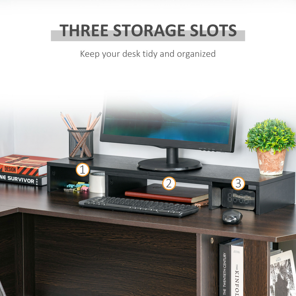 Monitor stand riser with three under-slots for keyboard, devices, and small items