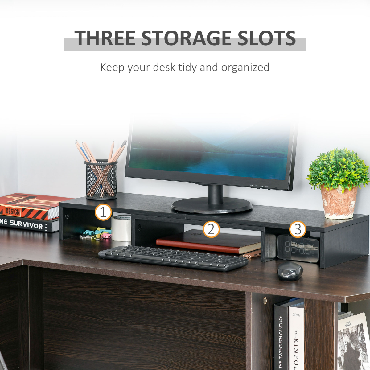 Monitor stand riser with three under-slots for keyboard, devices, and small items