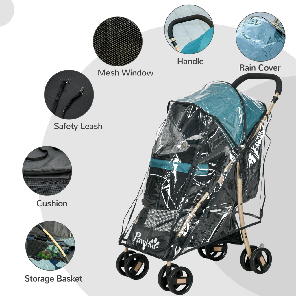 Pet stroller with clear rain cover, mesh window, teal canopy, dark body and wheels