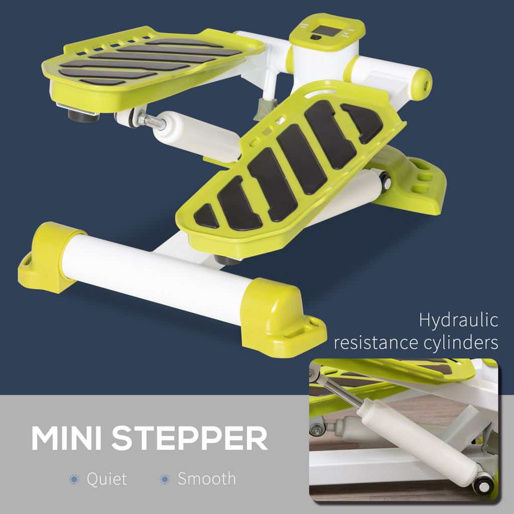 Yellow mini stepper with white frame, angled pedals, and visible resistance cylinders