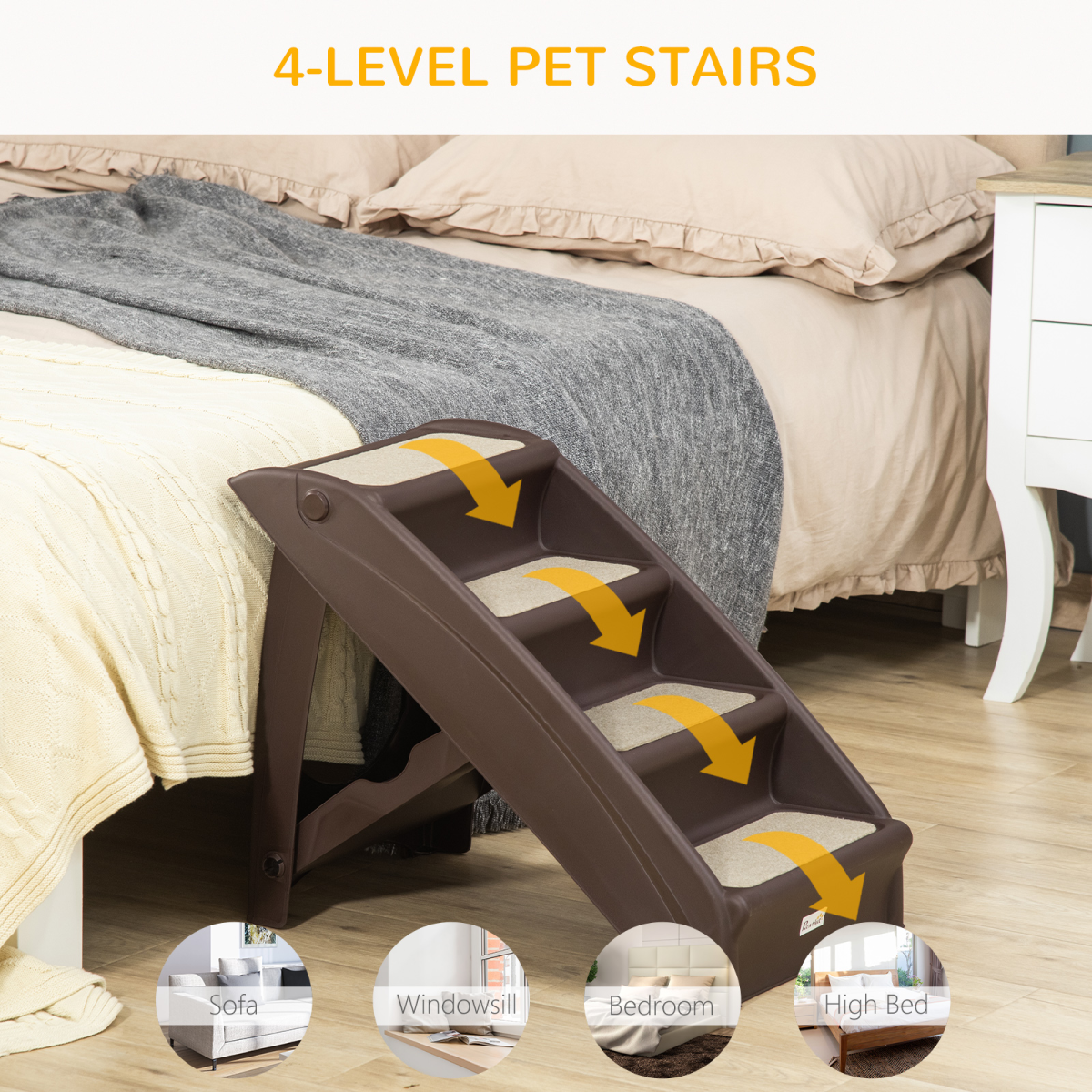 Foldable brown 4-step pet stairs with non-slip treads beside a bed