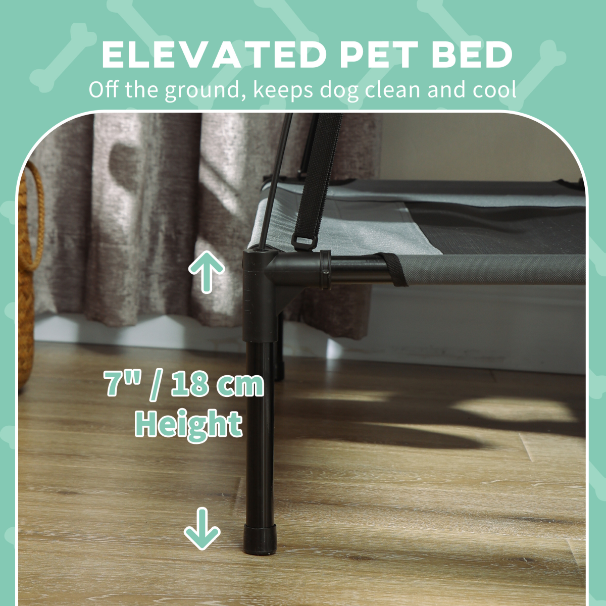 Grey elevated dog bed with sturdy legs that keep your pet off the ground