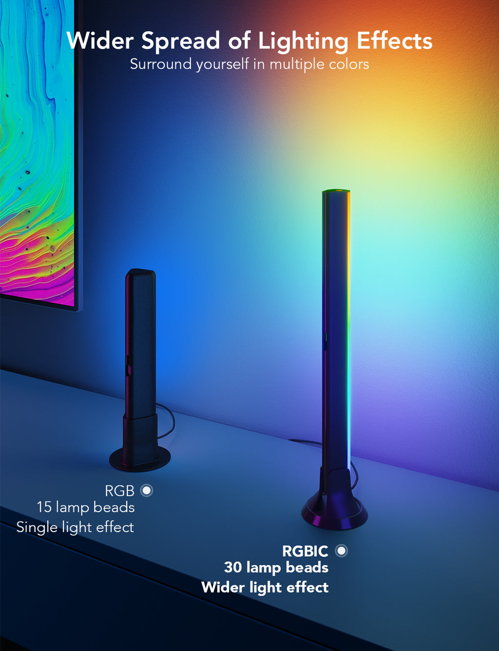 RGBIC TV light bar pair on the floor, creating multicolor wide lighting effects.