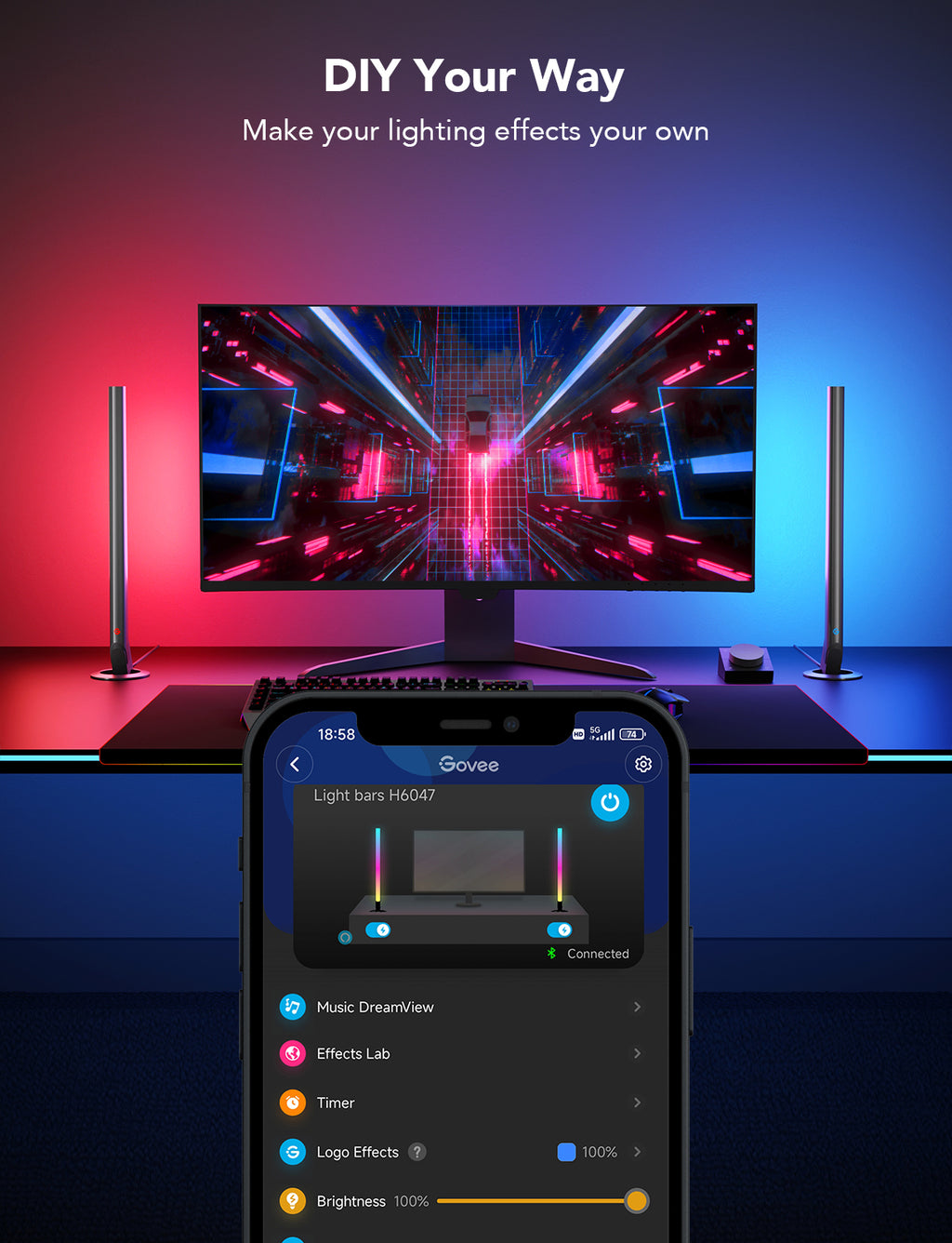 RGBIC light bars on stands with a smartphone app controlling effects.