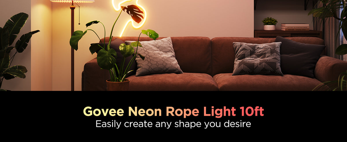 RGBIC neon rope light glowing heart shape above sofa, flexible LED tubing