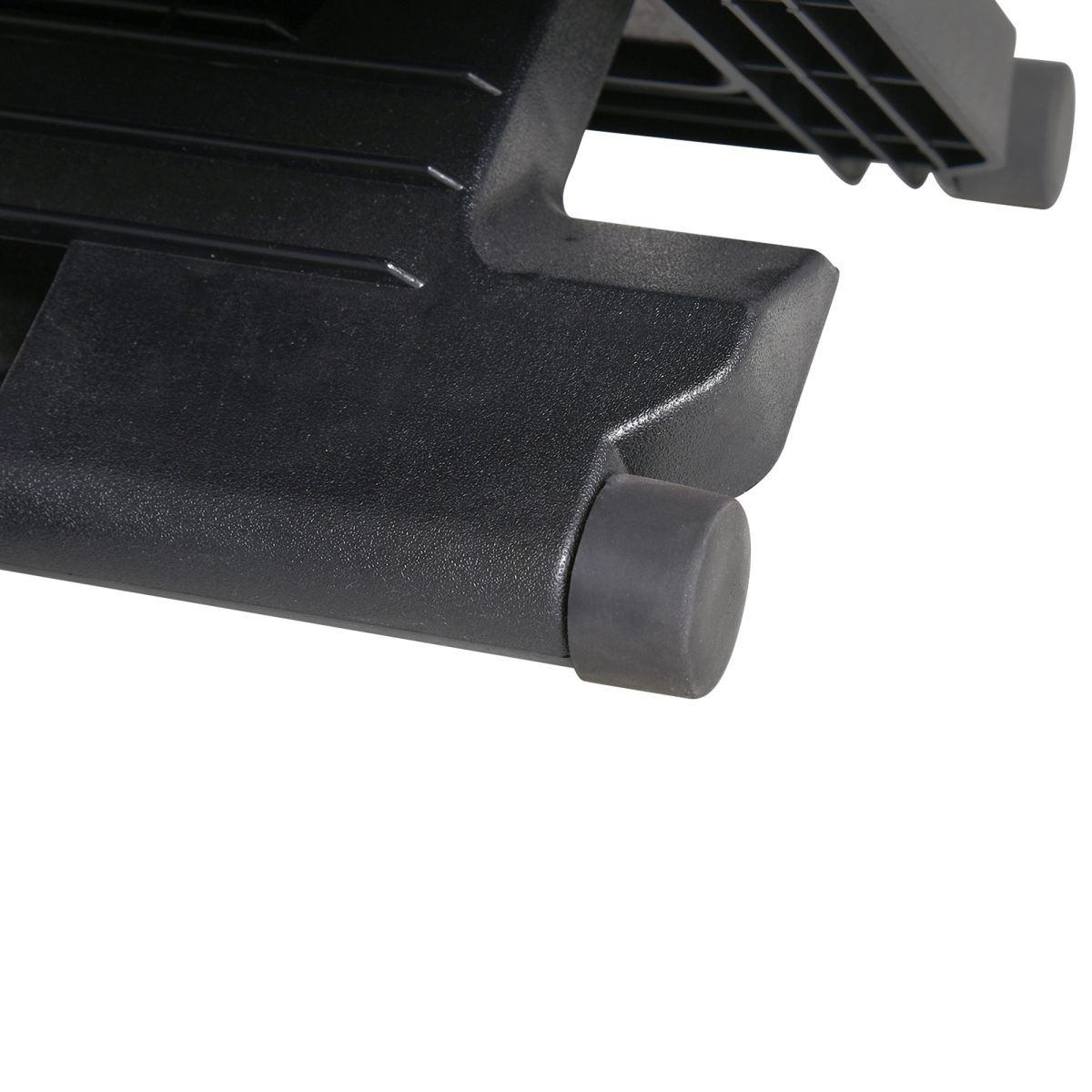 Under-desk footrest corner with rounded rubber foot and support brace