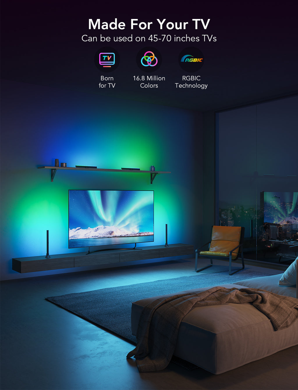 Pair of RGBIC TV light bars mounted behind a TV, projecting bright blue and green glow.