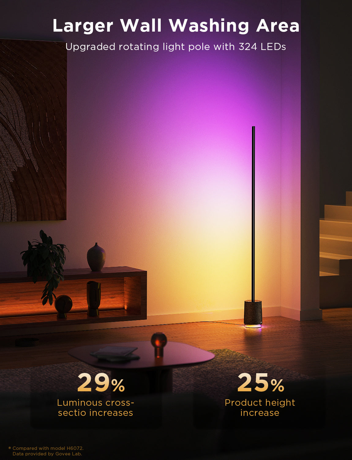 Color-changing floor lamp with slim rotating light pole and black speaker base