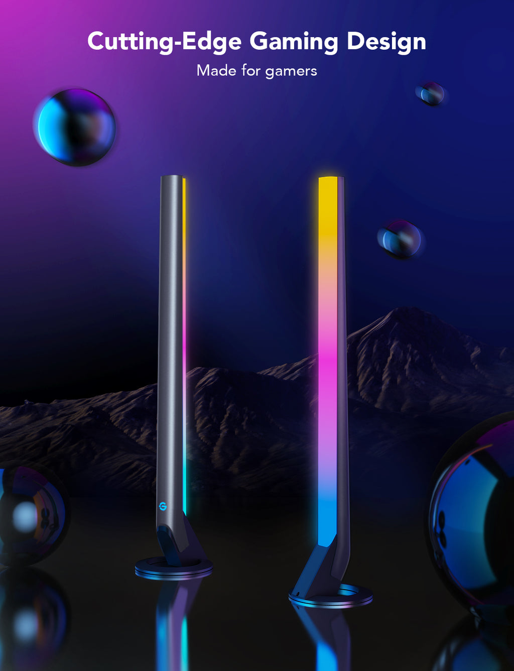 Two RGB light bars on stands with multicolor vertical glow.