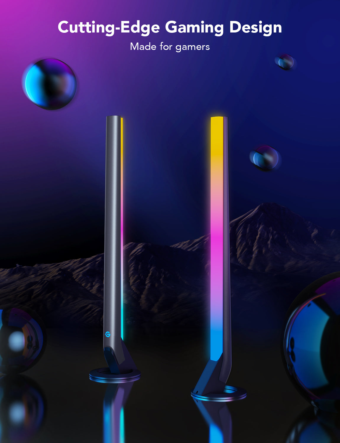 Two RGB light bars on stands with multicolor vertical glow.
