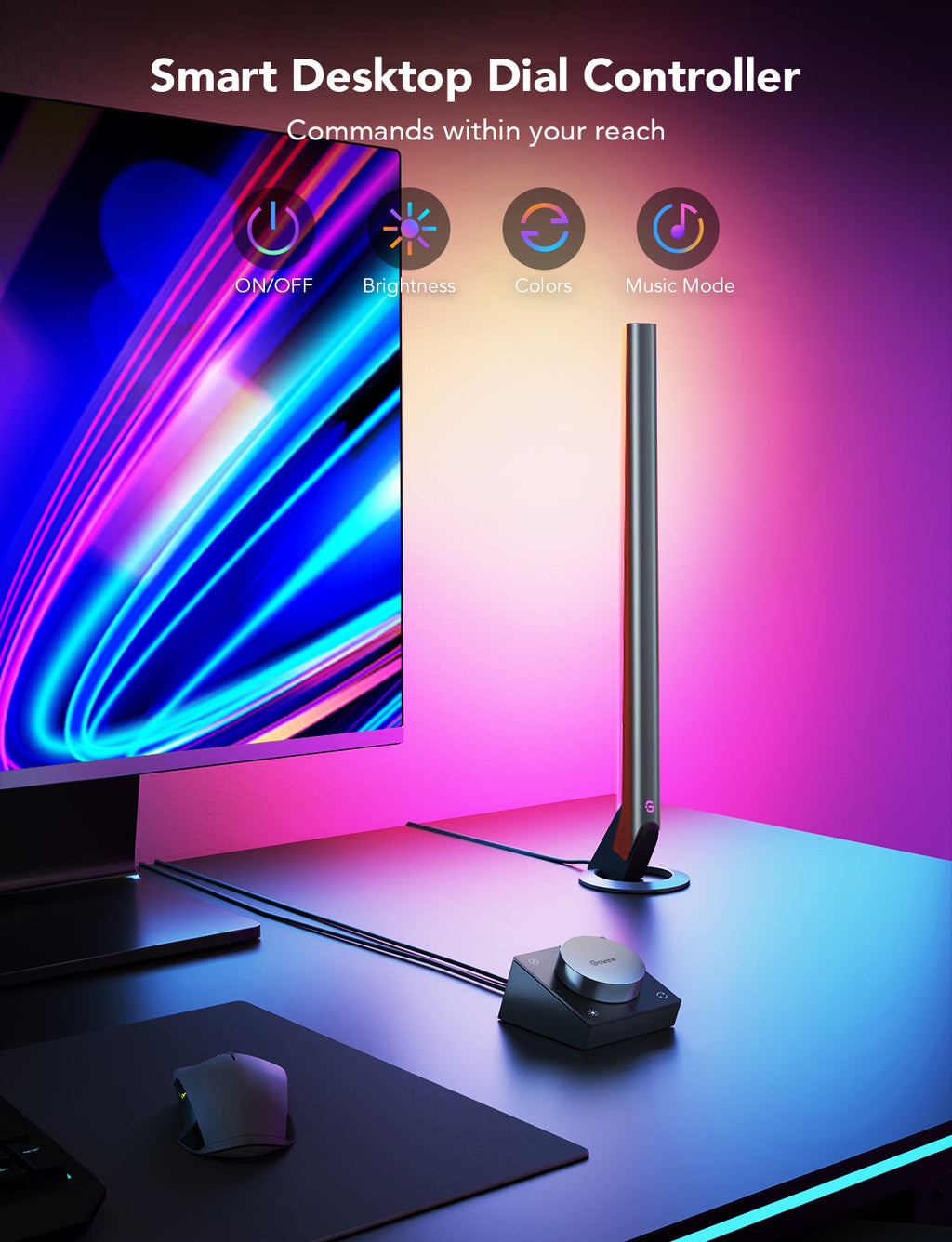 Smart desktop dial controller with a vertical RGBIC light bar on a desk.