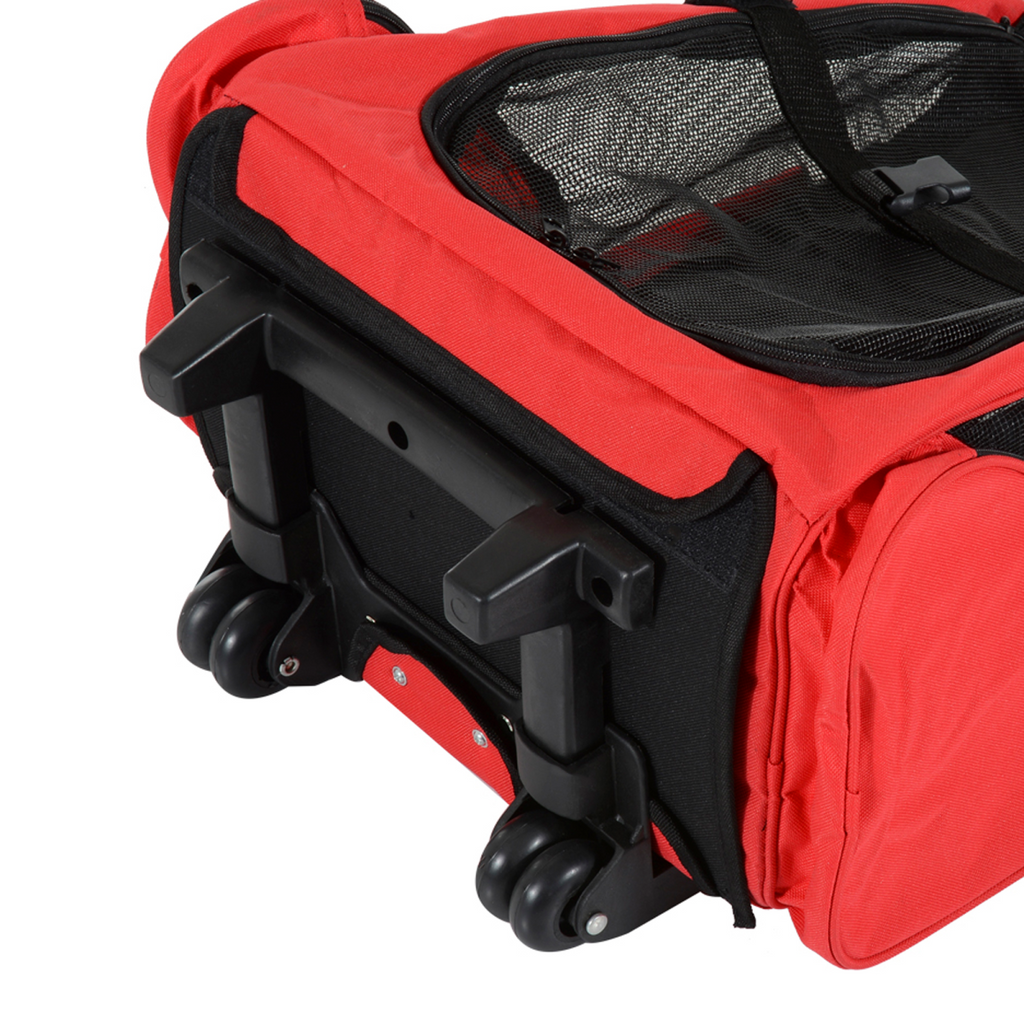 Red pet carrier backpack with black wheel base and four caster wheels
