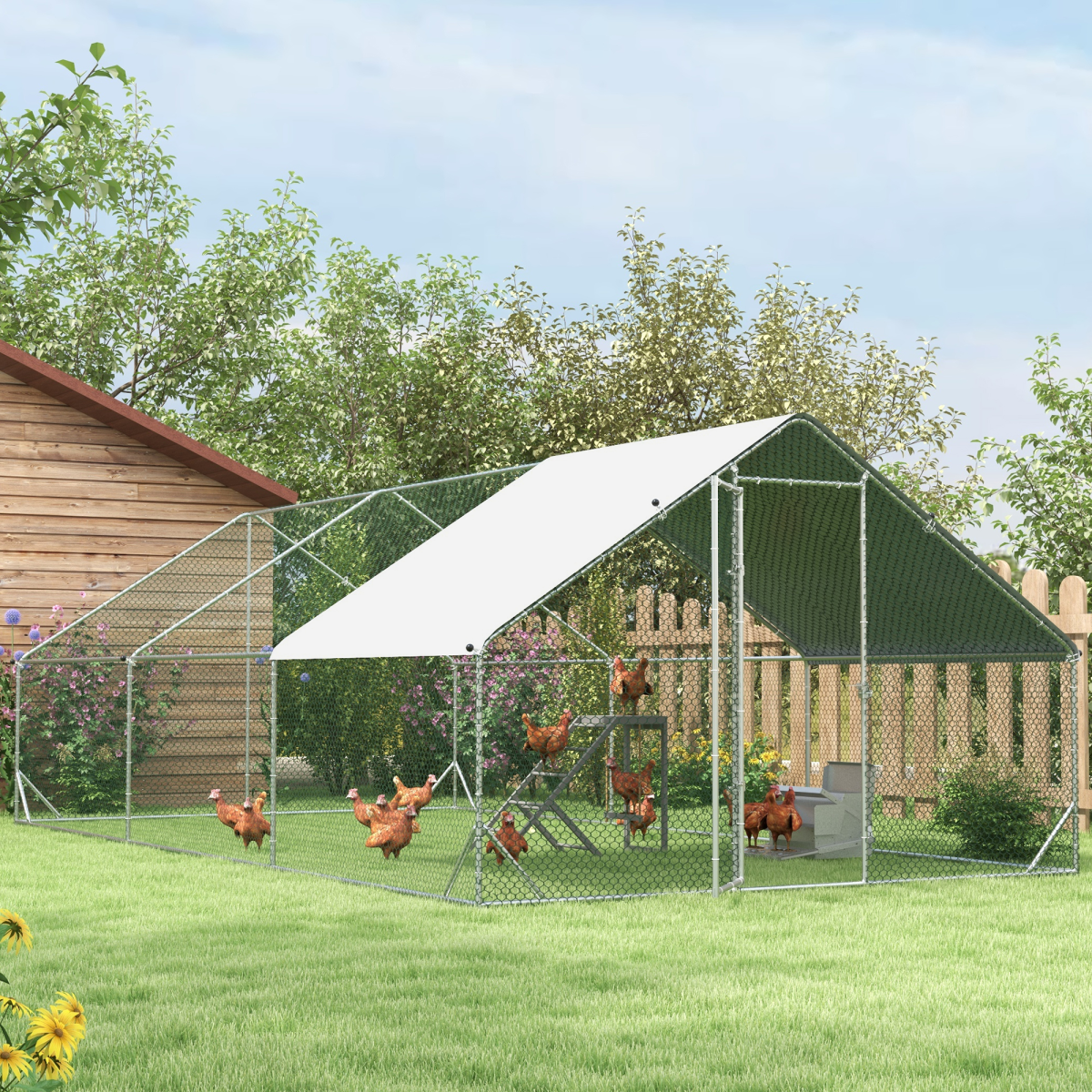 Outdoor chicken coop run with mesh sides and green-roof shelter