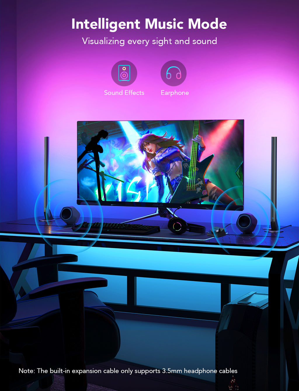 RGBIC gaming light bars flanking a desktop monitor with vivid colored glow.