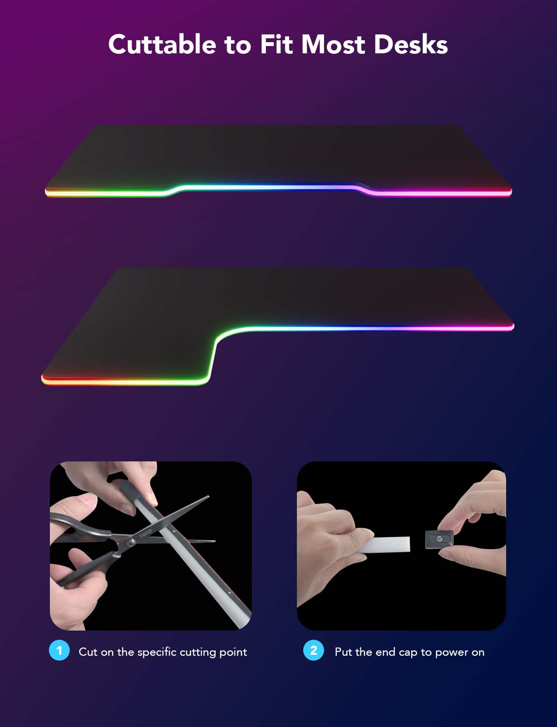 Cuttable RGB neon desk light strip with corner shapes and included power tips