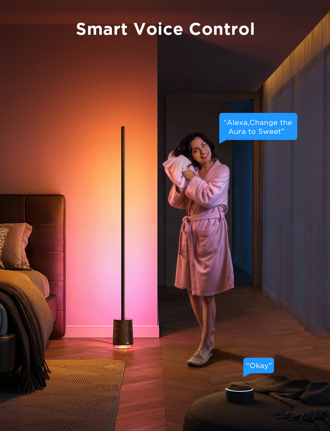 Govee floor lamp with slim black pole and multicolor glow from base