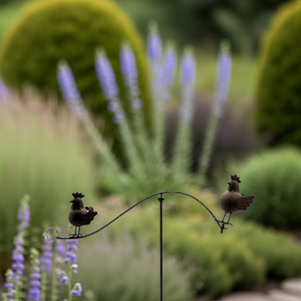 Metal cockerel wind spinner with two dark bird figures on curved wire arms