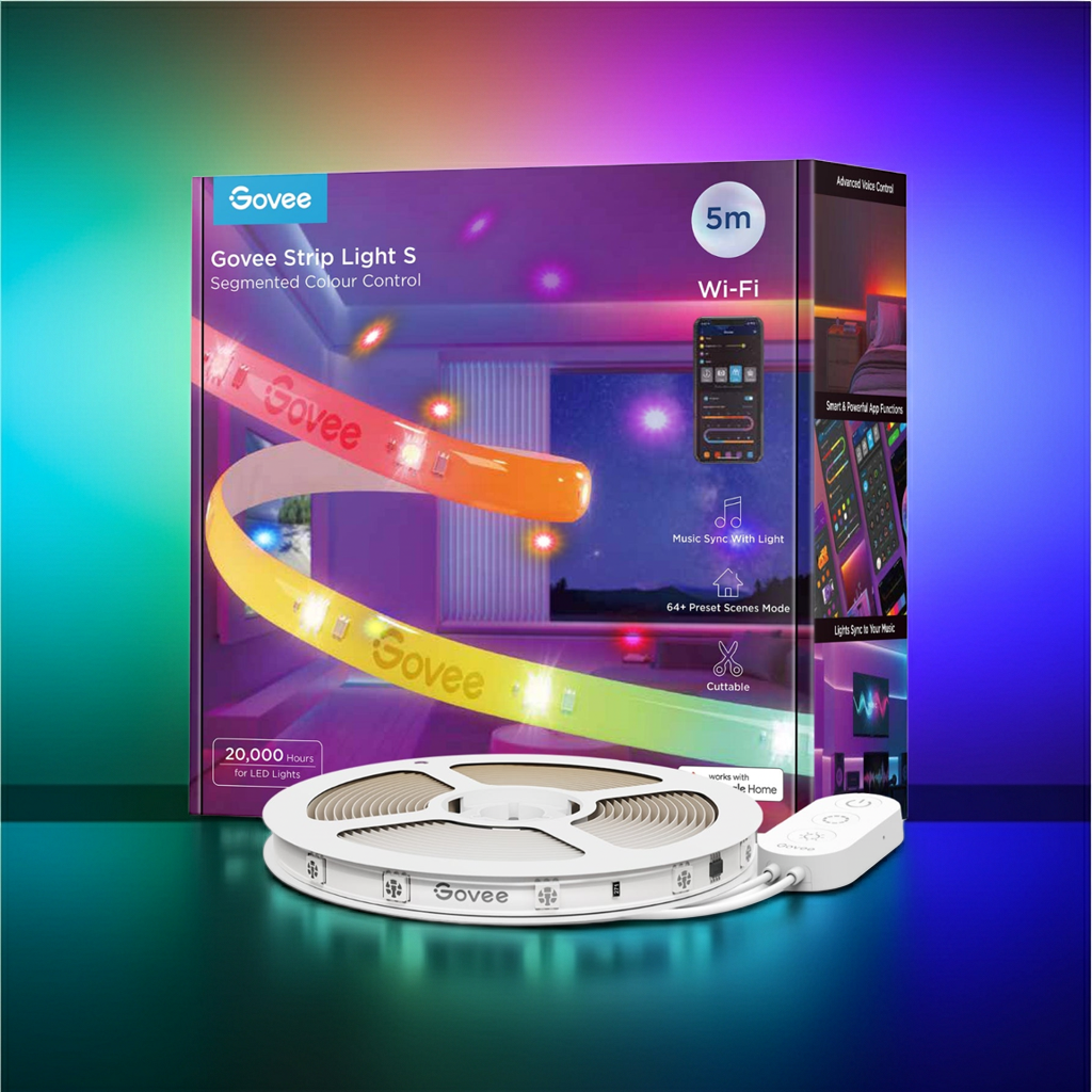 Govee smart LED strip light kit with white LED strip on a reel and retail box