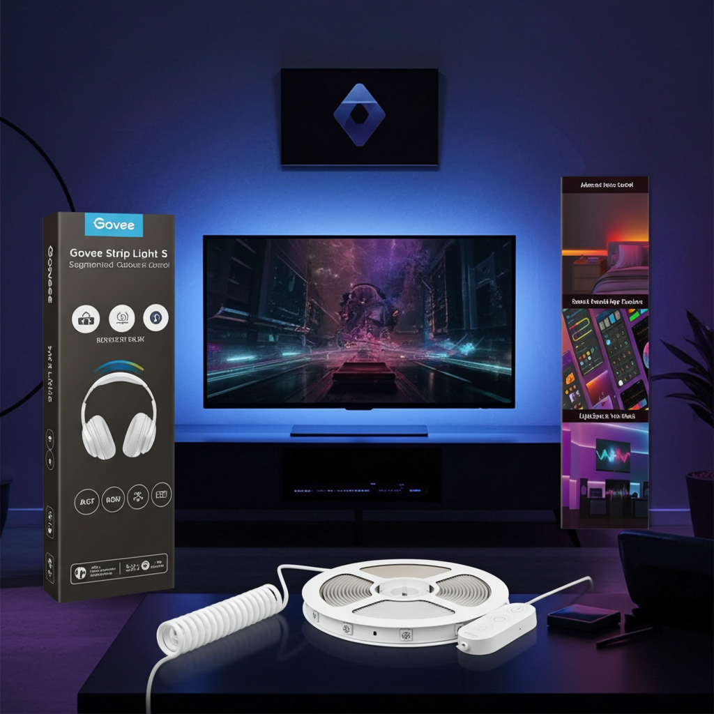 Govee smart LED strip light kit with white reel, controller, and product packaging