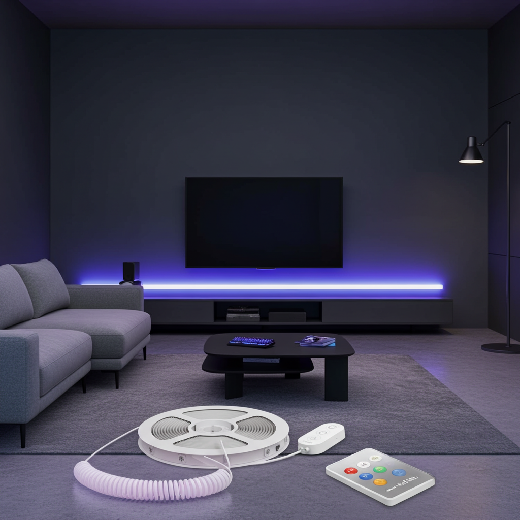 Govee smart LED strip light with white reel, remote, and inline controller