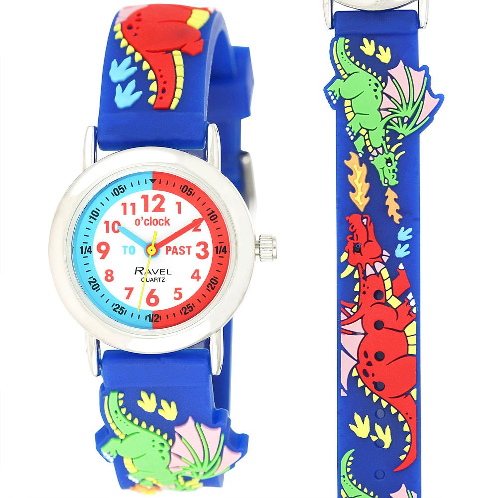 Kids dragon teacher watch with blue strap featuring dragon illustrations and round dial
