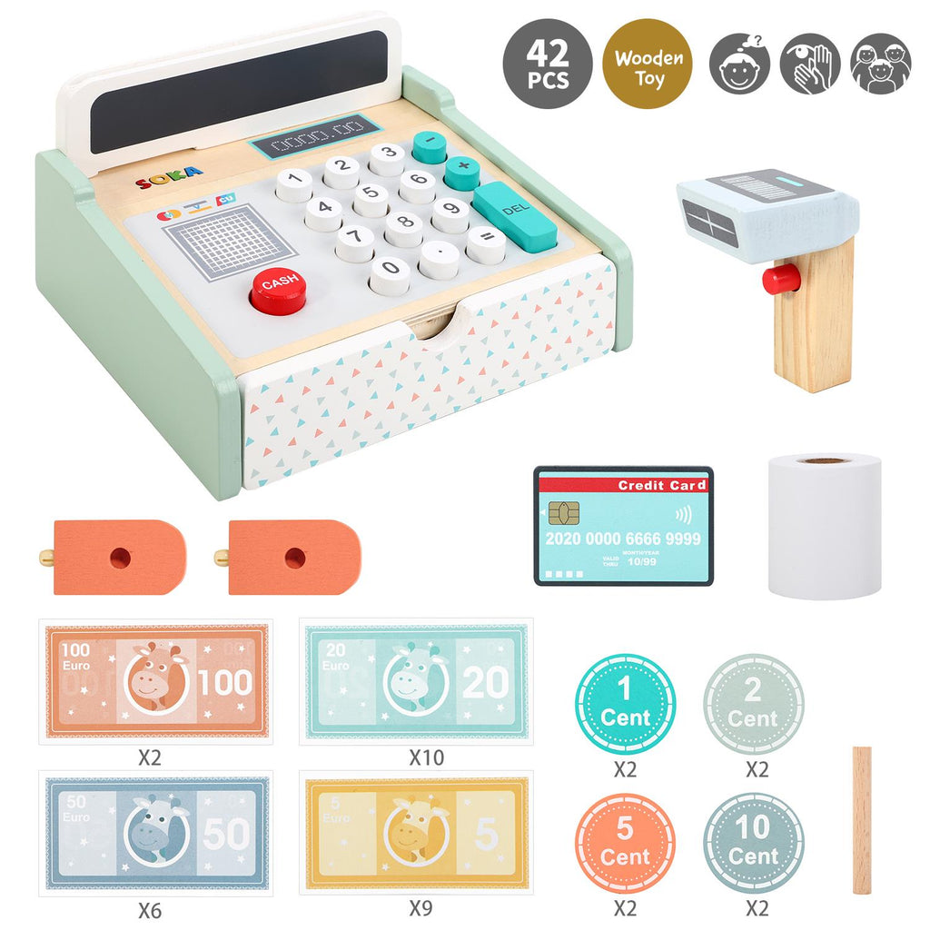 Mint wooden play cash register with calculator keypad, card reader, and play money set