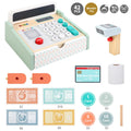 Mint wooden play cash register with calculator keypad, card reader, and play money set