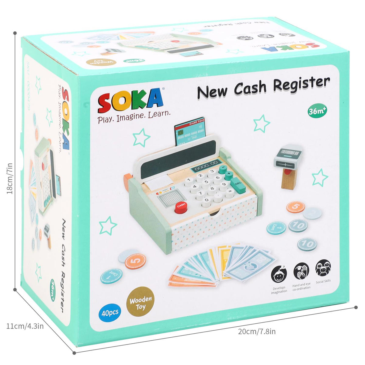 SOKA cash register playset box with pictured wooden till, calculator, coins, and bills
