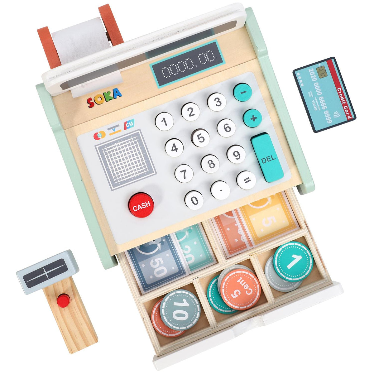 Angled wooden cash register toy with keypad display, cash button, card holder, coins