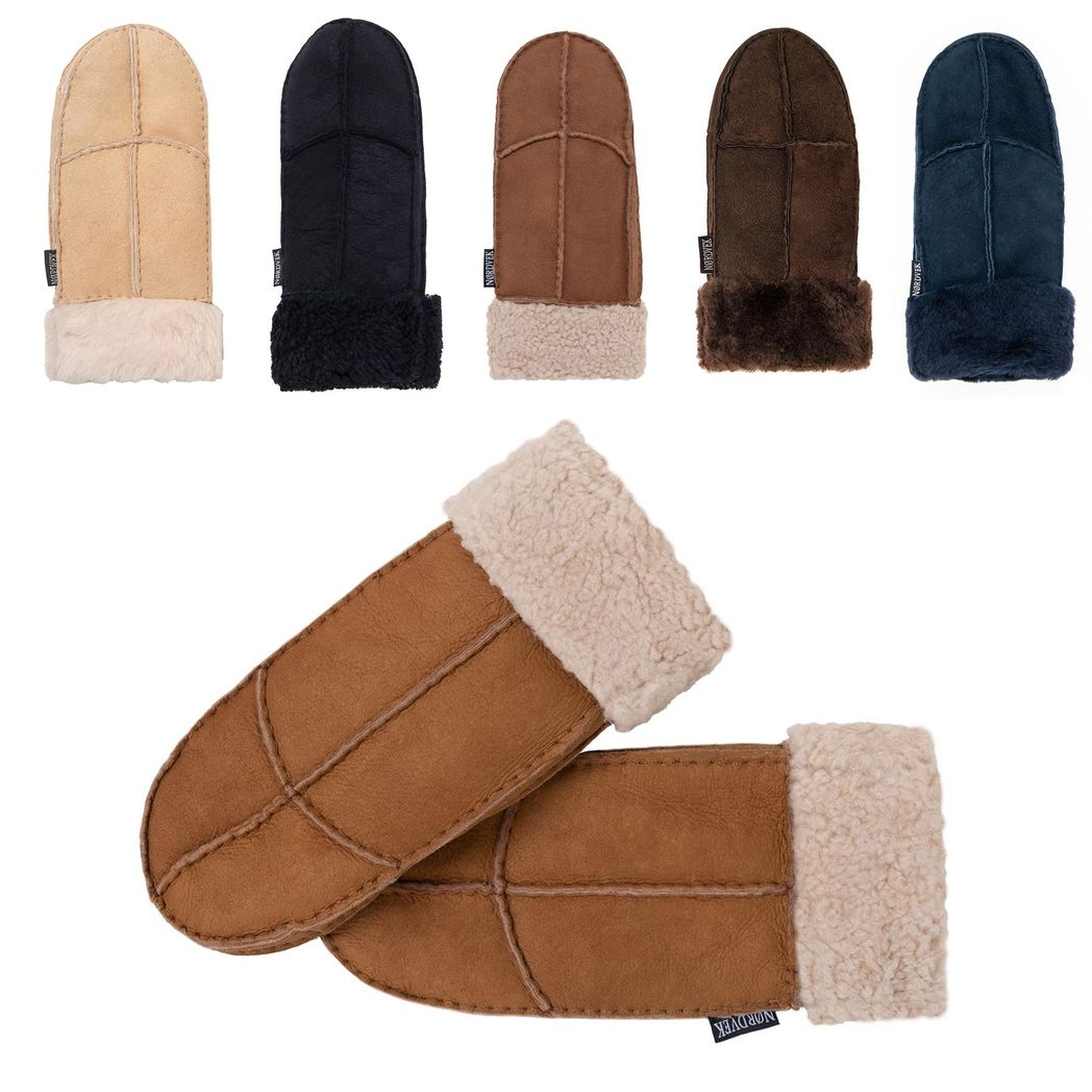 Women’s sheepskin mittens color options shown: beige, navy, brown, dark brown, blue