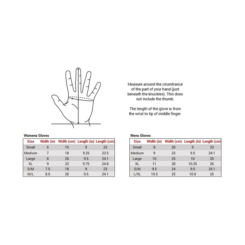 Glove size chart with hand outline diagram and womens/mens measurements